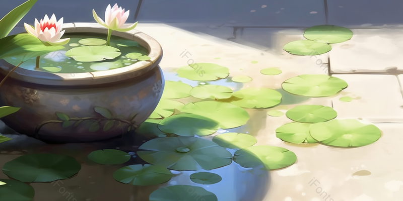 绿色夏日缸莲微莲盛开手绘插画背景,插画/手绘图,插画/手绘图库,插画/手绘图下载,插画/手绘
